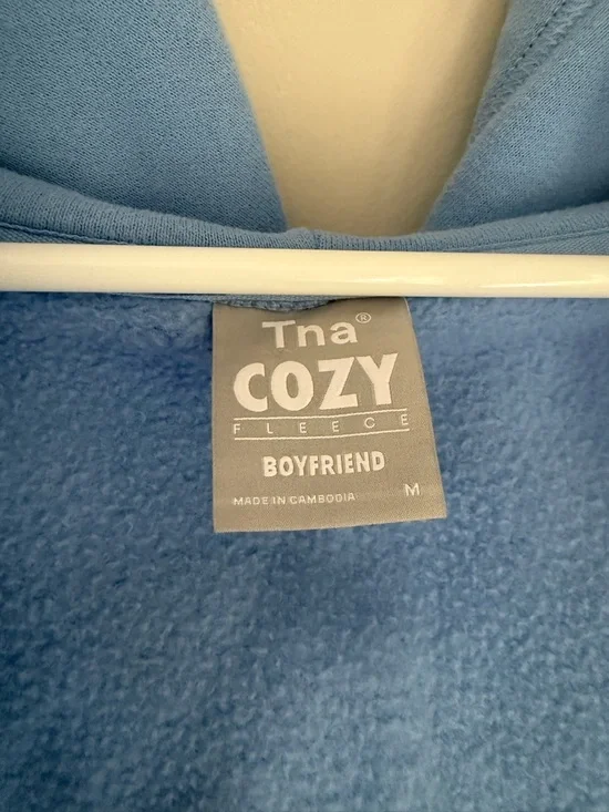 TNA Cozy Fleece Boyfriend Zip Up Hoodie Cropped Light Blue - Picture 13 of 14